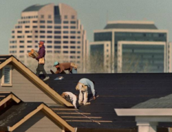 This image shows construction workers on a roof of a downtown building laying tile and shingles.