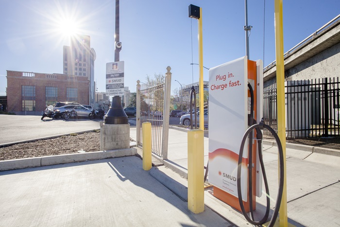 A SMUD FastCharger at the Sacramento Valley Station