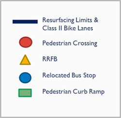 Line is resurfacing limit and class II bike lanes, red circle is pedestrian crossing, yellow triangle is RRFB, blue circle is relocated bus stop, green rectangle is pedestrian curb ramp.