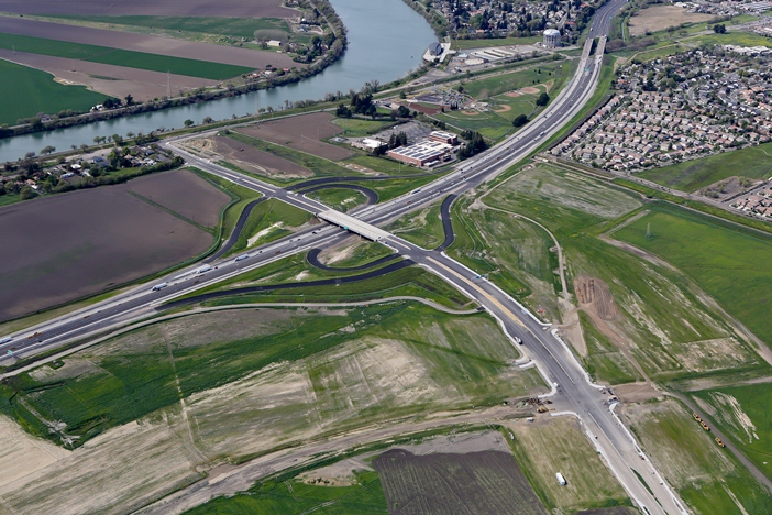 Aerial image of construction at Consumnes River Blvd. and Interstate 5