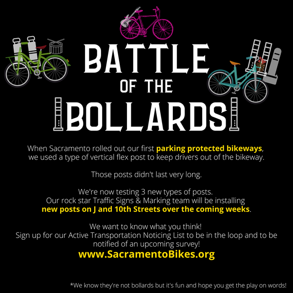 Battle of the Bollards flyer with images of bikes, delineators and musical instruments