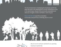 This image shows a flyer designed by the project team to invite people to a community open house. There are several trees and children playing and adults present in a park setting.