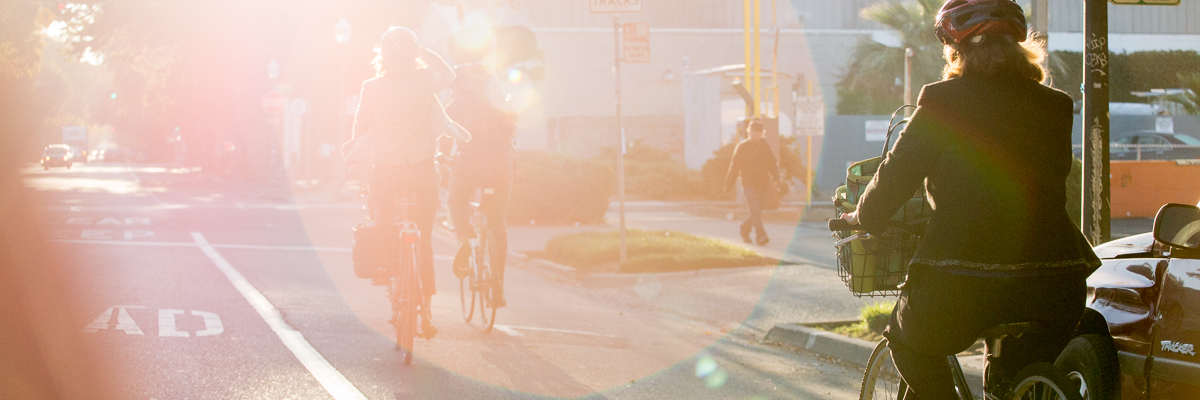 Individuals biking down a street in Sacramento