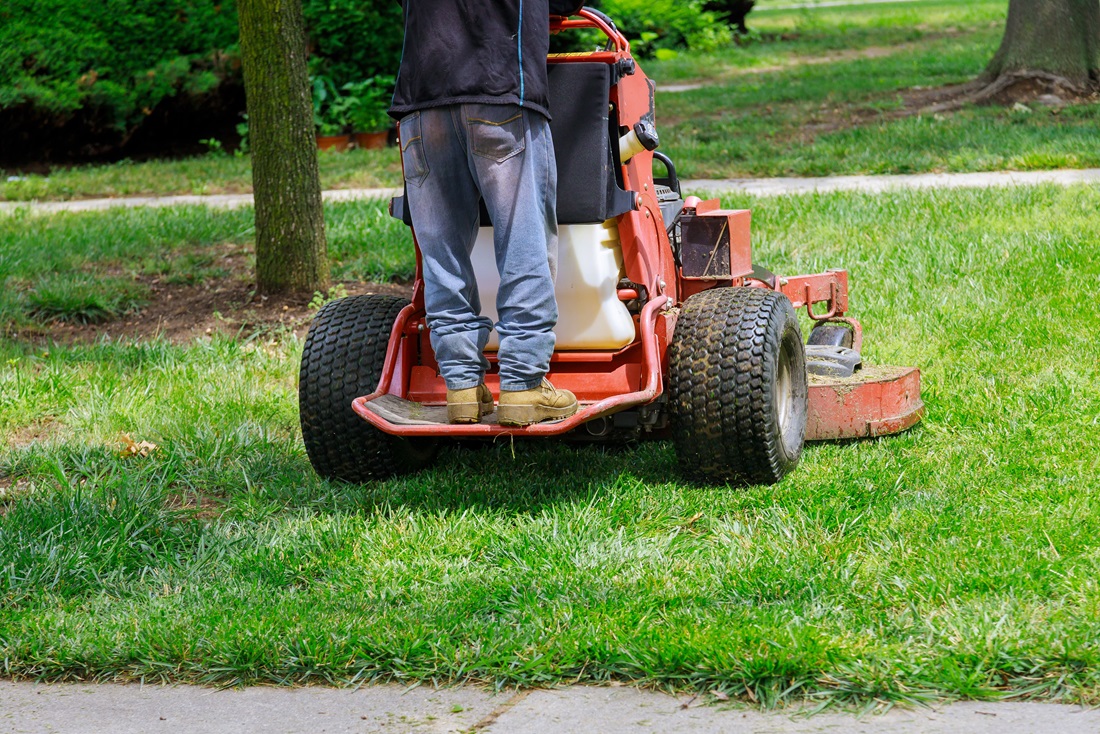 Landscaper cutting grass on standing mower - professional-gardener-mowing-lawn