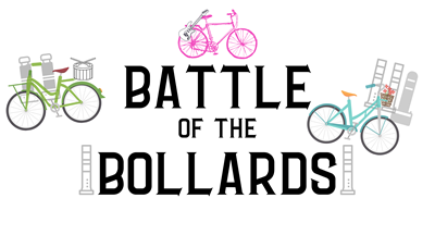 Battle of the Bollards logo with bicycles, delineators and musical instruments